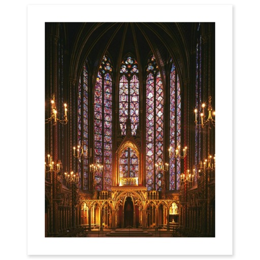 Sainte-Chapelle de Paris, chapelle haute, tribune des reliques et verrières de l'abside (toiles sans cadre)