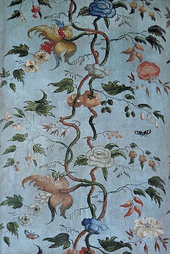 Château de Talcy, salle à manger, lé de toile peint à l'huile à motifs de fleurs