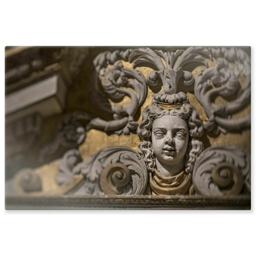 Château des ducs d'Épernon, appartement de la reine, première antichambre de la reine, détail du décor sculpté de la cheminée (aluminium panels)